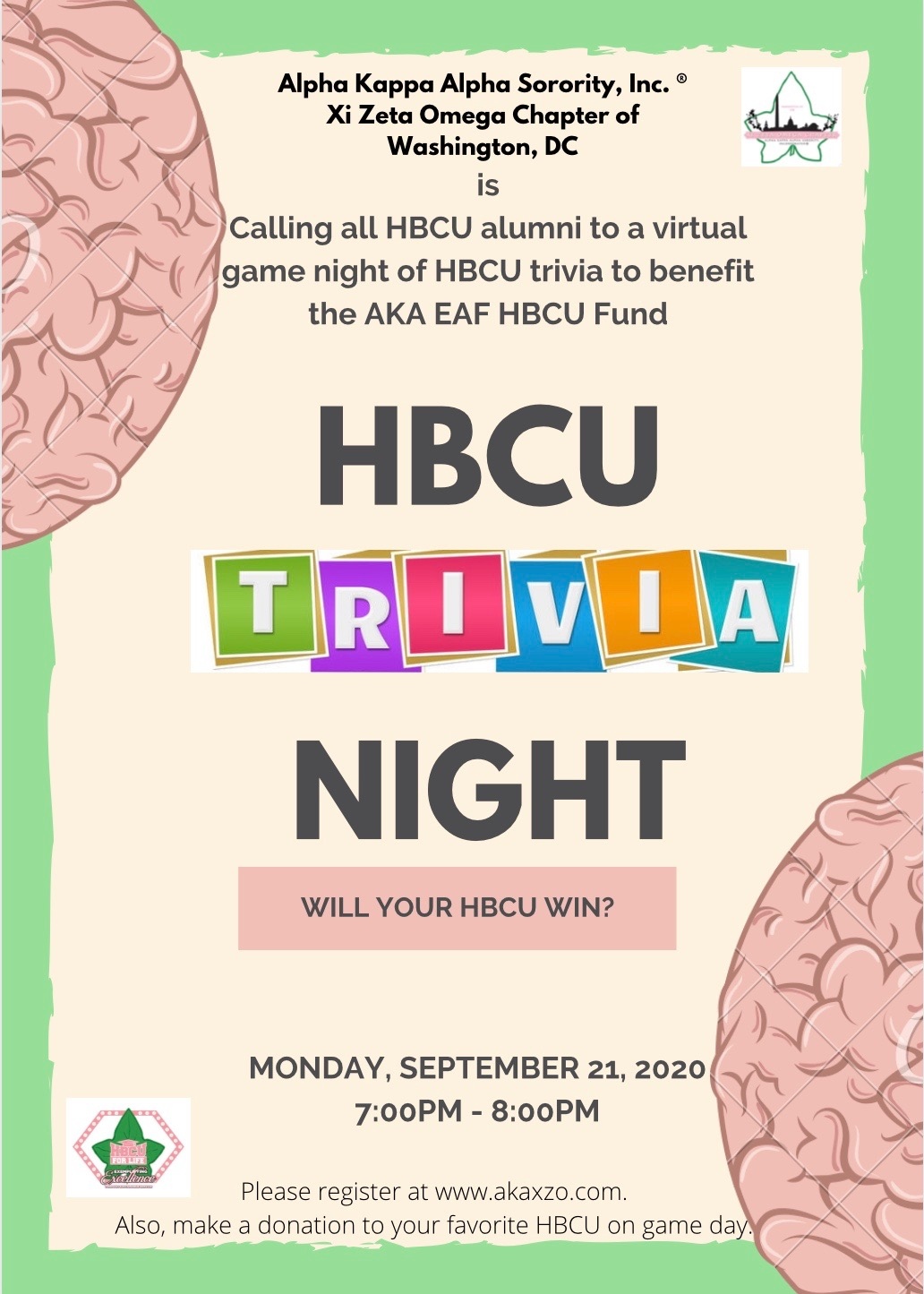 To recognize the achievements of our HBCU alumni and the impact that HBCUs have had on the world, Xi Zeta Omega Chapter is hosting a trivia game night. This event is open to all HBCU Alumni and Friends can play a friendly game of trivia but registration is REQUIRED. The alumni team that wins will have bragging rights for the year. Each player must contribute on game day to their favorite HBCU online or via the AKA EAF HBCU Fund at www.aka1908.org.  Wear your favorite HBCU shirt and represent your school!